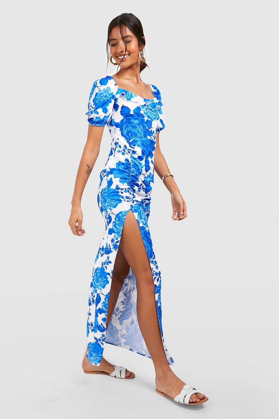 Blue Tall Floral Puff Sleeve Ruched Midi Dress