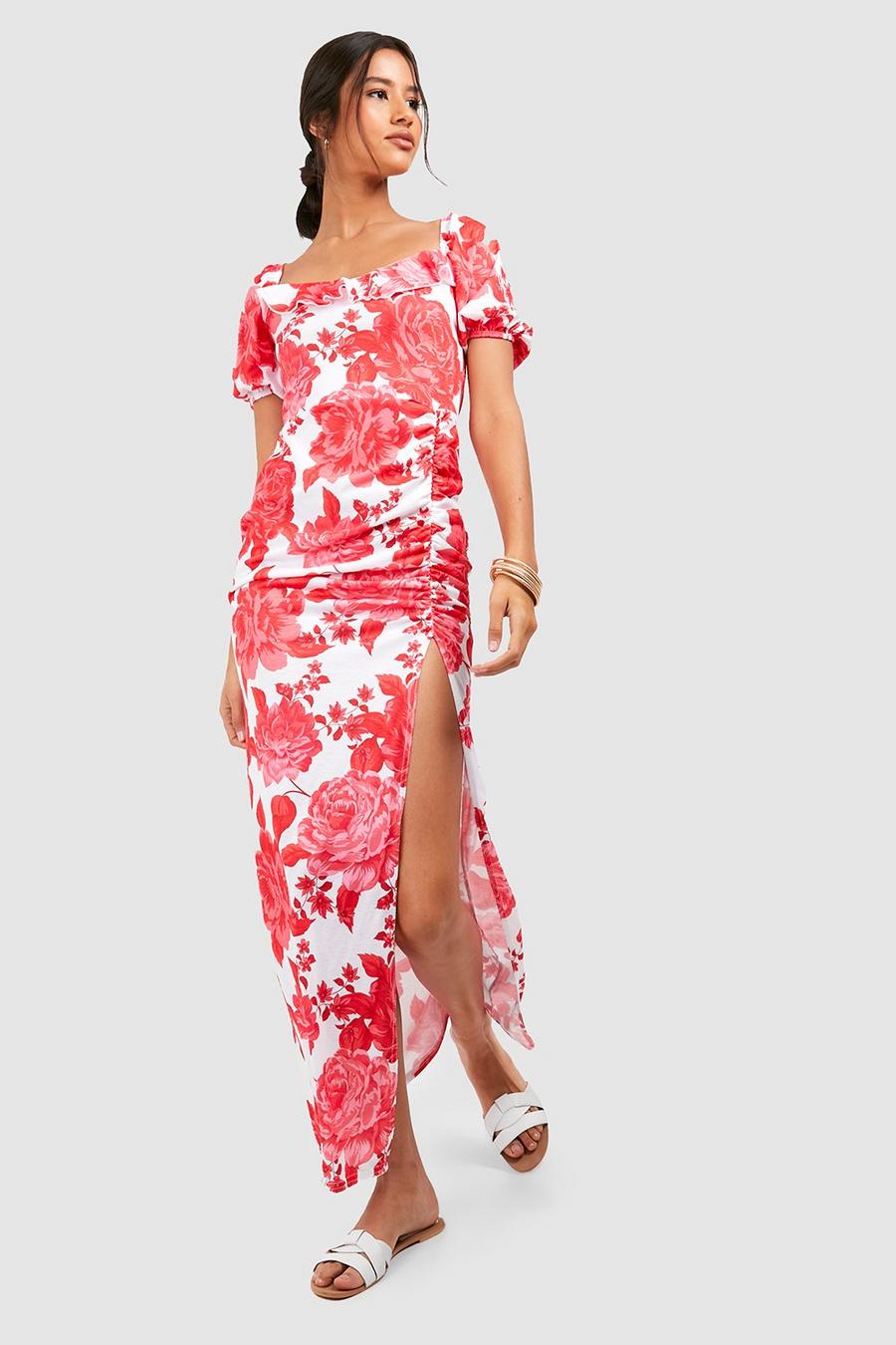 Pink Tall Floral Puff Sleeve Ruched Midi Dress image number 1