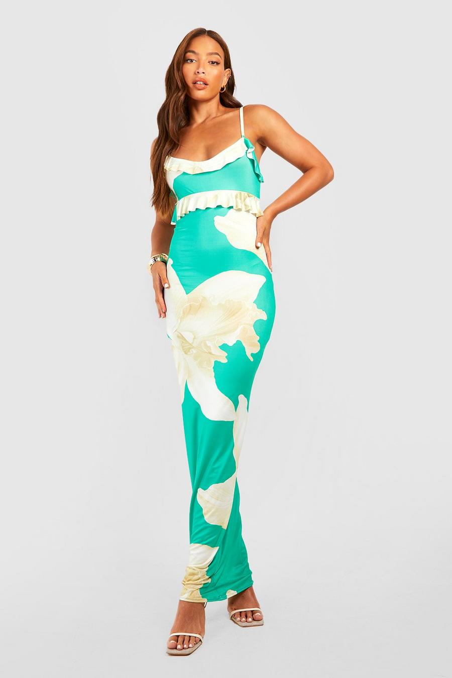 Green Tall Large Floral Ruffle Strappy Maxi Dress image number 1