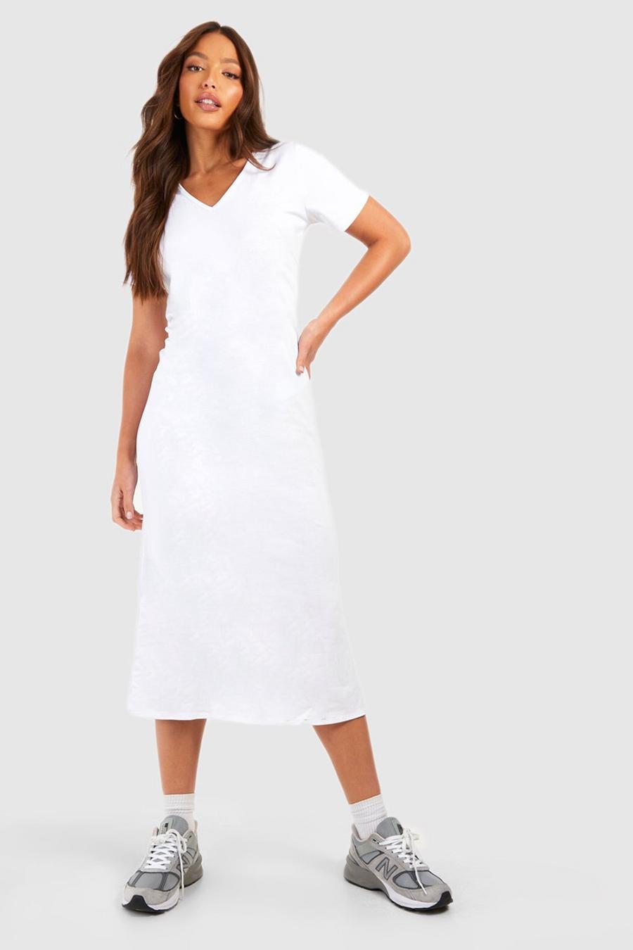 White Tall V Neck Cotton T-Shirt Midi Dress