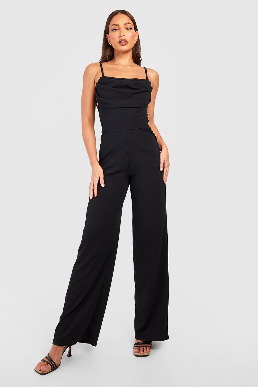 Black Tall Strappy Cowl Wide Leg Jumpsuit