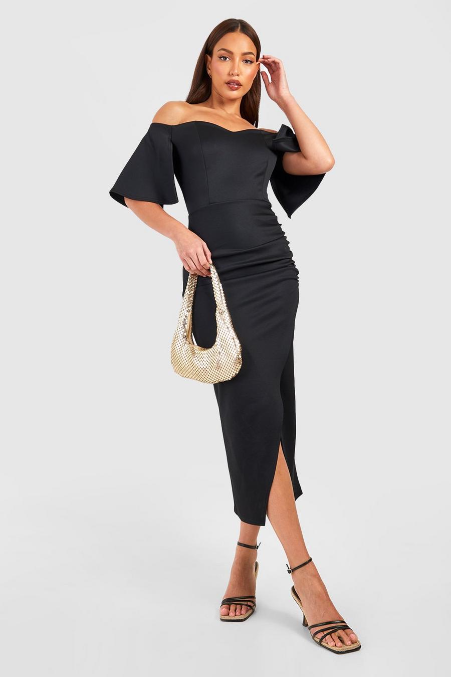 Black Tall Off The Shoulder Ruched Side Asymmetric Midi Dress