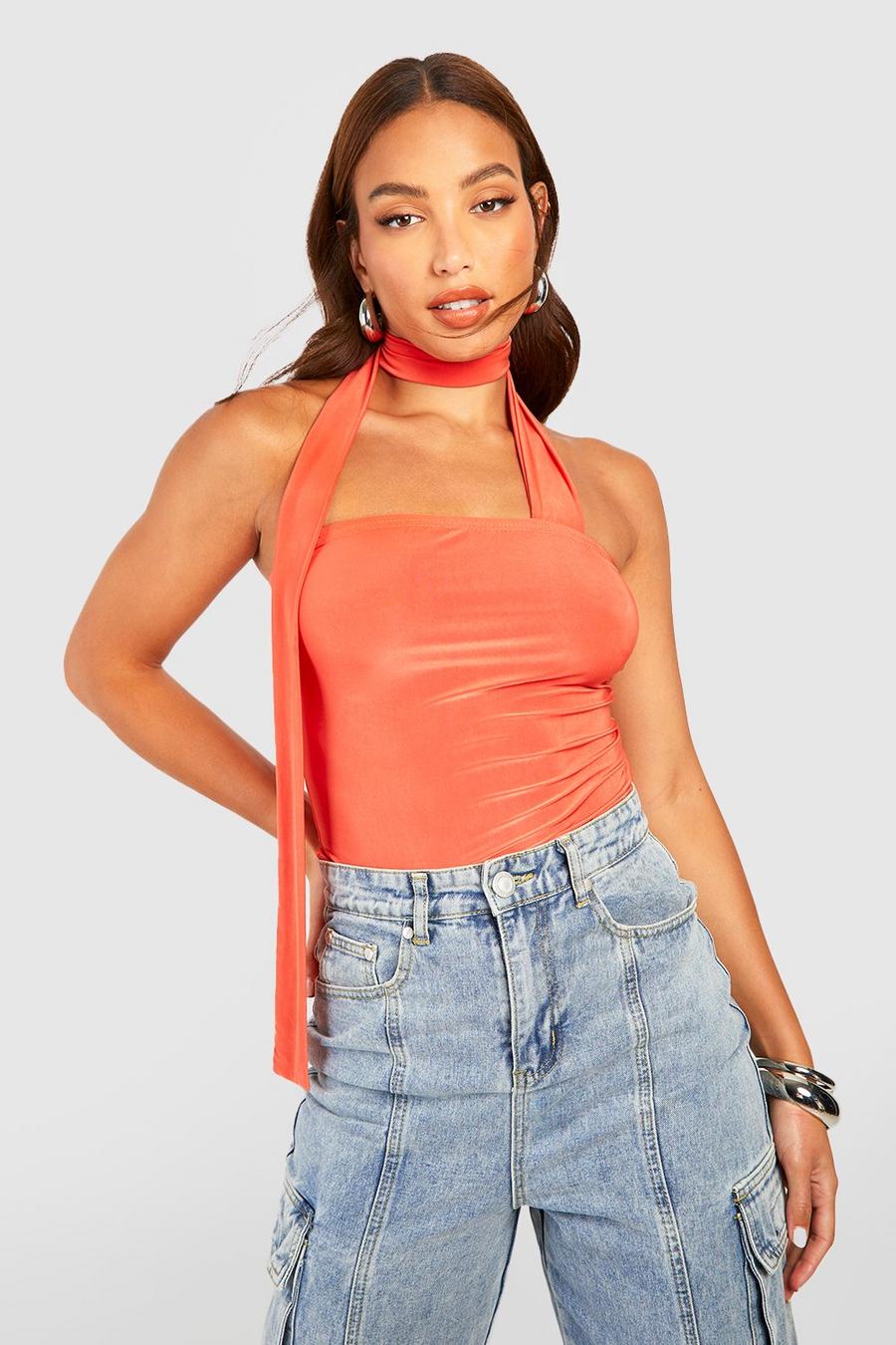 Orange Tall Strapless Bodysuit Met Hals Strik