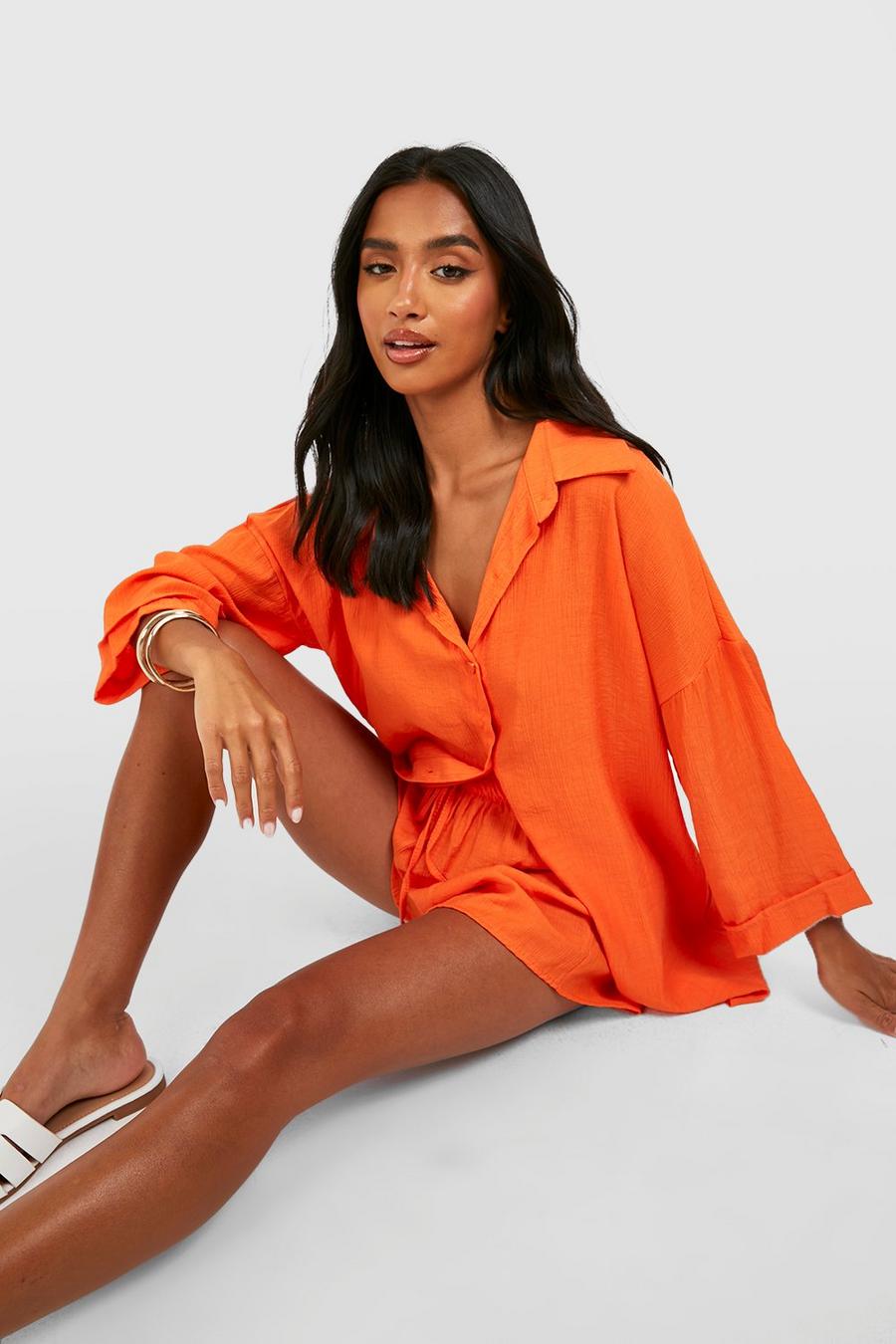 Orange Petite Textured Crinkle Oversized Shirt & Shorts Set