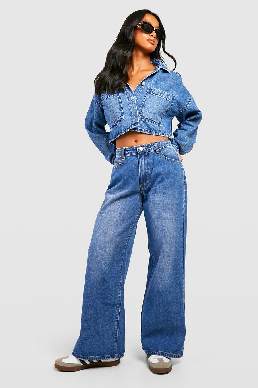 Mid blue Petite Högmidjade jeans med vida ben
