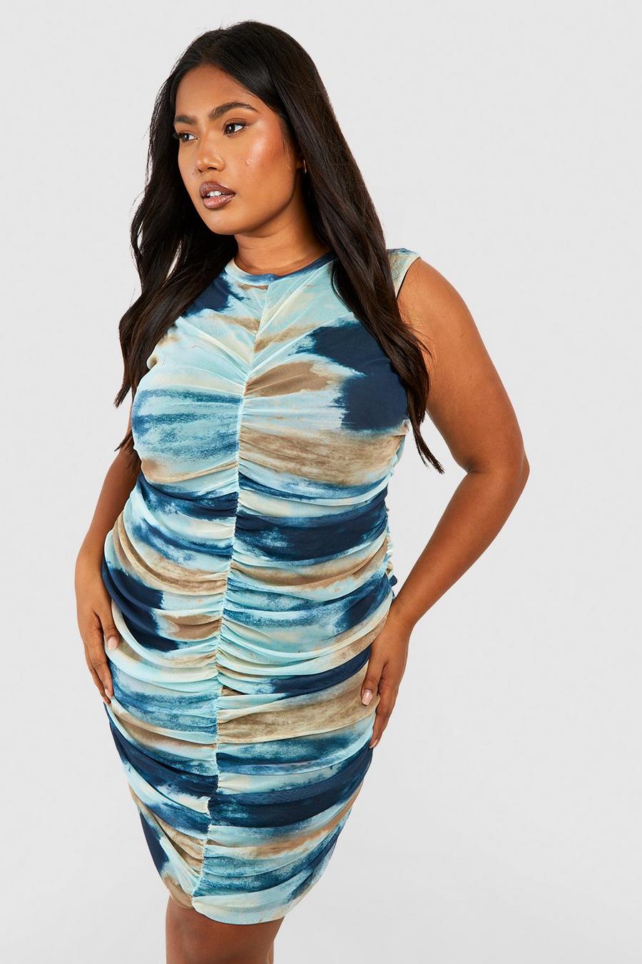 Blue Plus Ombre Mesh Ruched Bodycon Dress