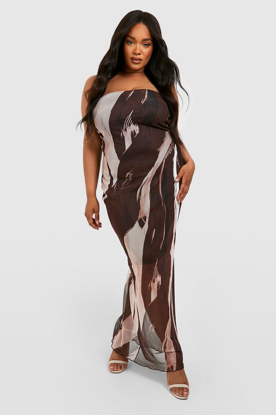 Chocolate Plus Abstract Mesh Bandeau Maxi Dress