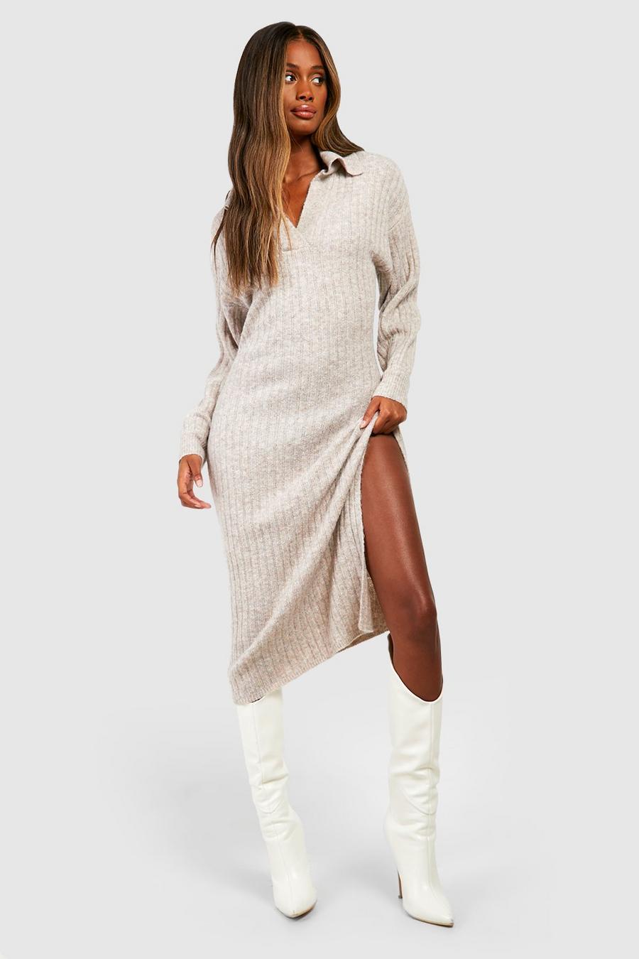 Taupe Wide Rib Knit Collared Soft Sweater Dress