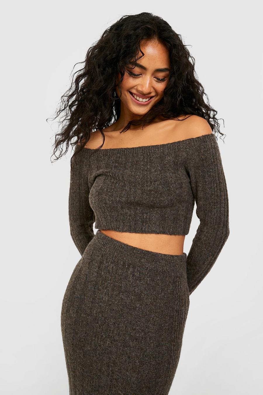 Chocolate Off The Shoulder Soft Rib Knit Sweater