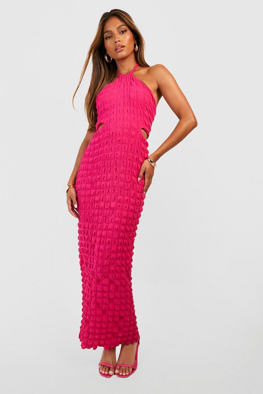 Pink Bubble Textured Halter Maxi Dress