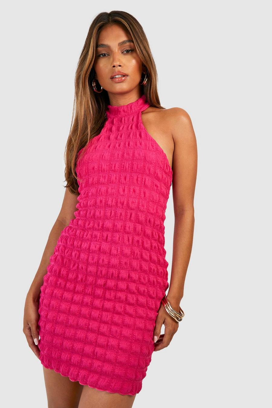 Pink Bubble Textured Racerneck Bodycon Dress