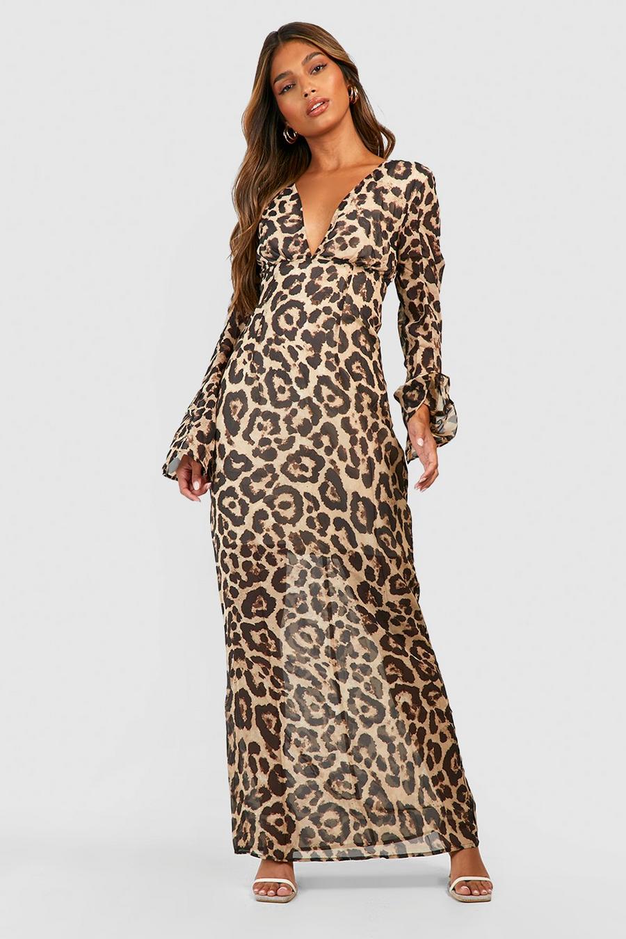 Vestido maxi de chifón con estampado de leopardo, Brown