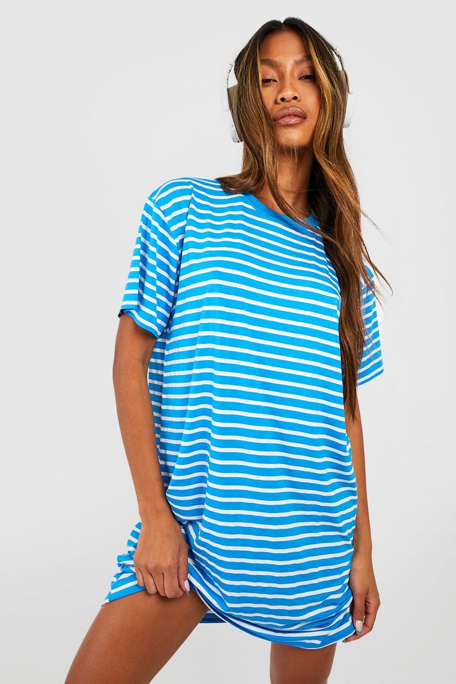 Blue Oversized Stripe T-shirt Dress image number 1