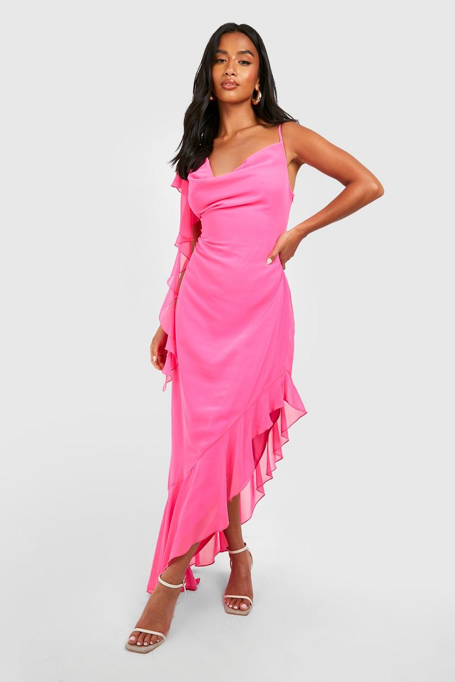 Pink Petite Asymmetric Ruffle Midi Dress