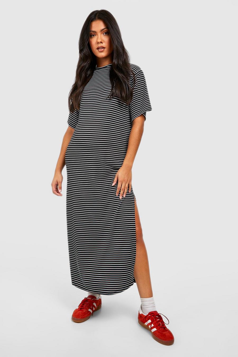 Black Maternity Stripe T-Shirt Midi Dress