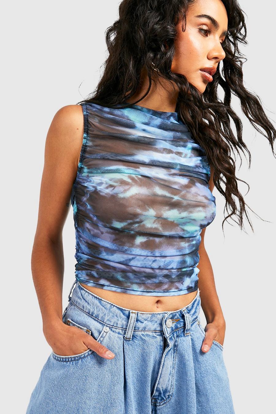 Blue Tie Dye Marble Ruched Sleeveless Tank image number 1
