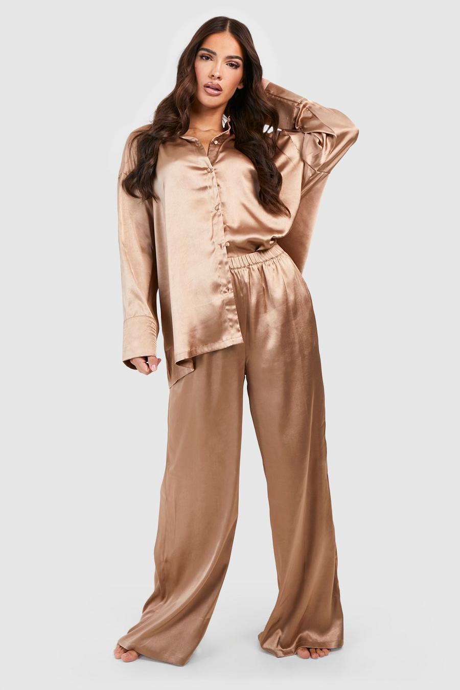 Mocha Oversized Satin Pyjama Shirt & Trouser Set image number 1