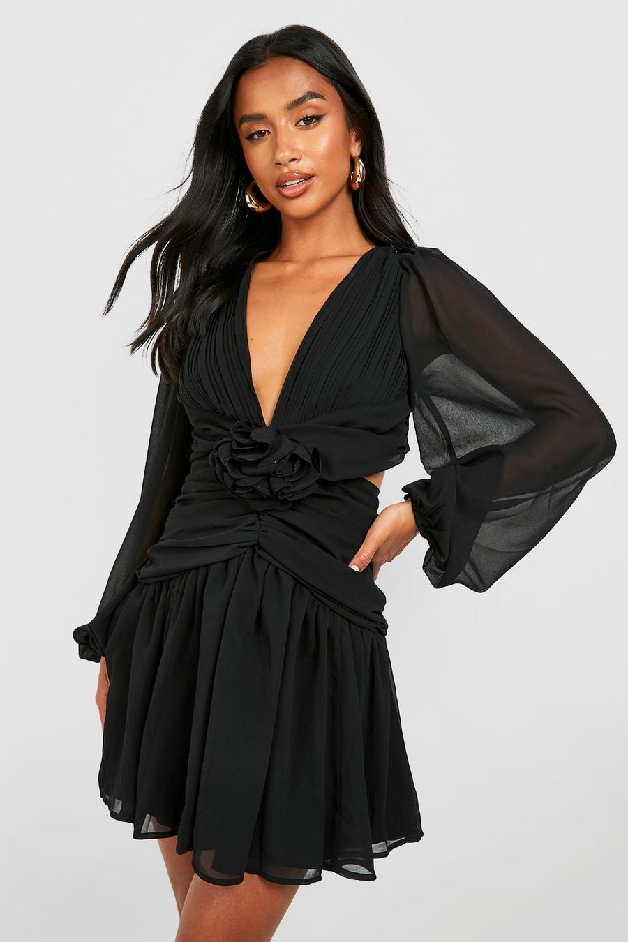 Black Petite Rose Ruffle Detail Mini Dress 