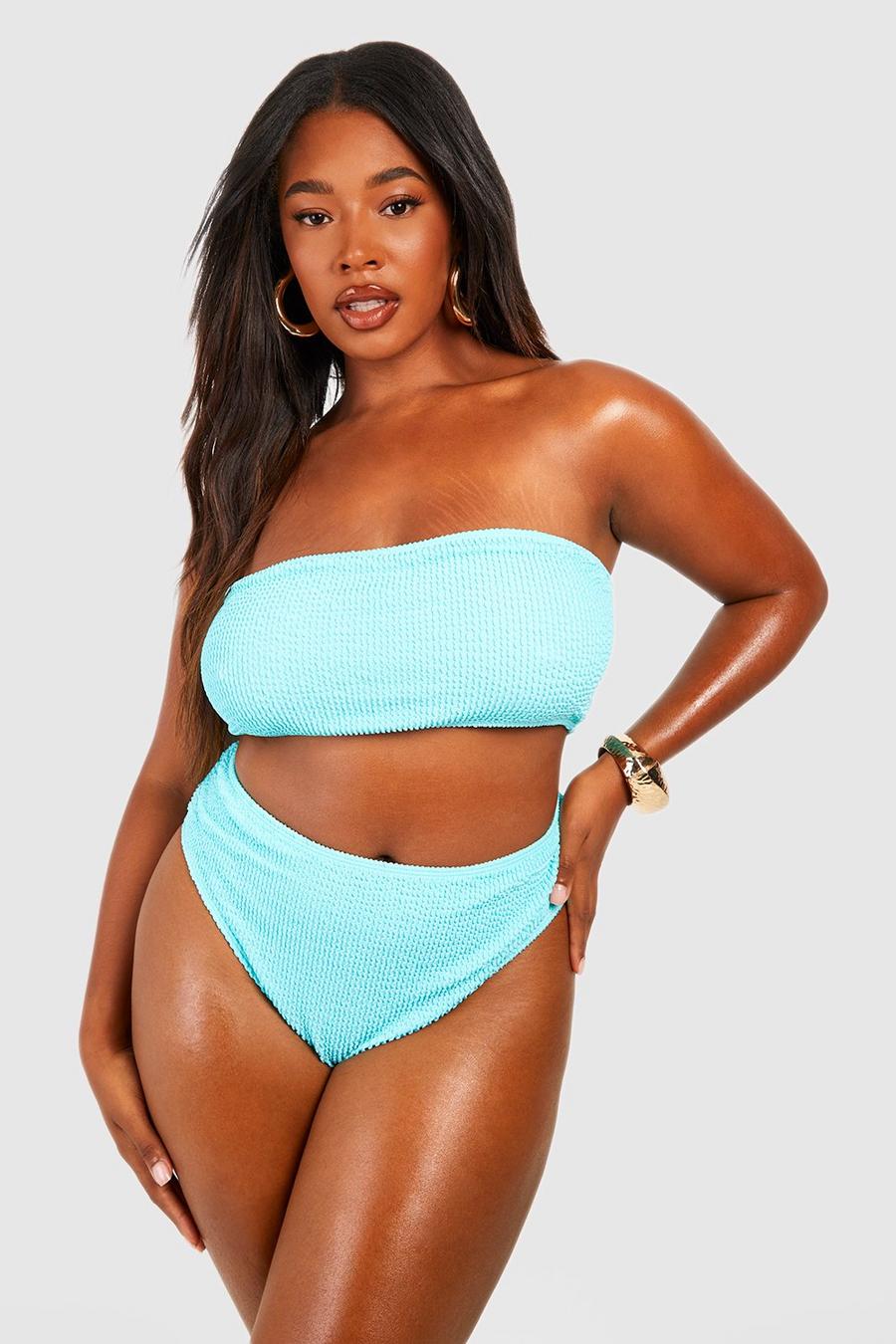 Plus strukturierter Bandeau-Bikini in Knitteroptik, Turquoise image number 1