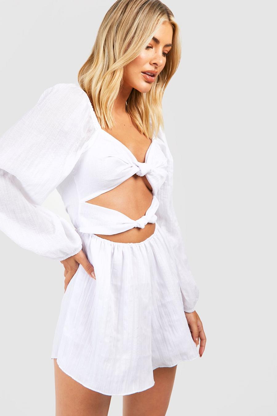 White Textured Knot Detail Cut Out Beach Romper
