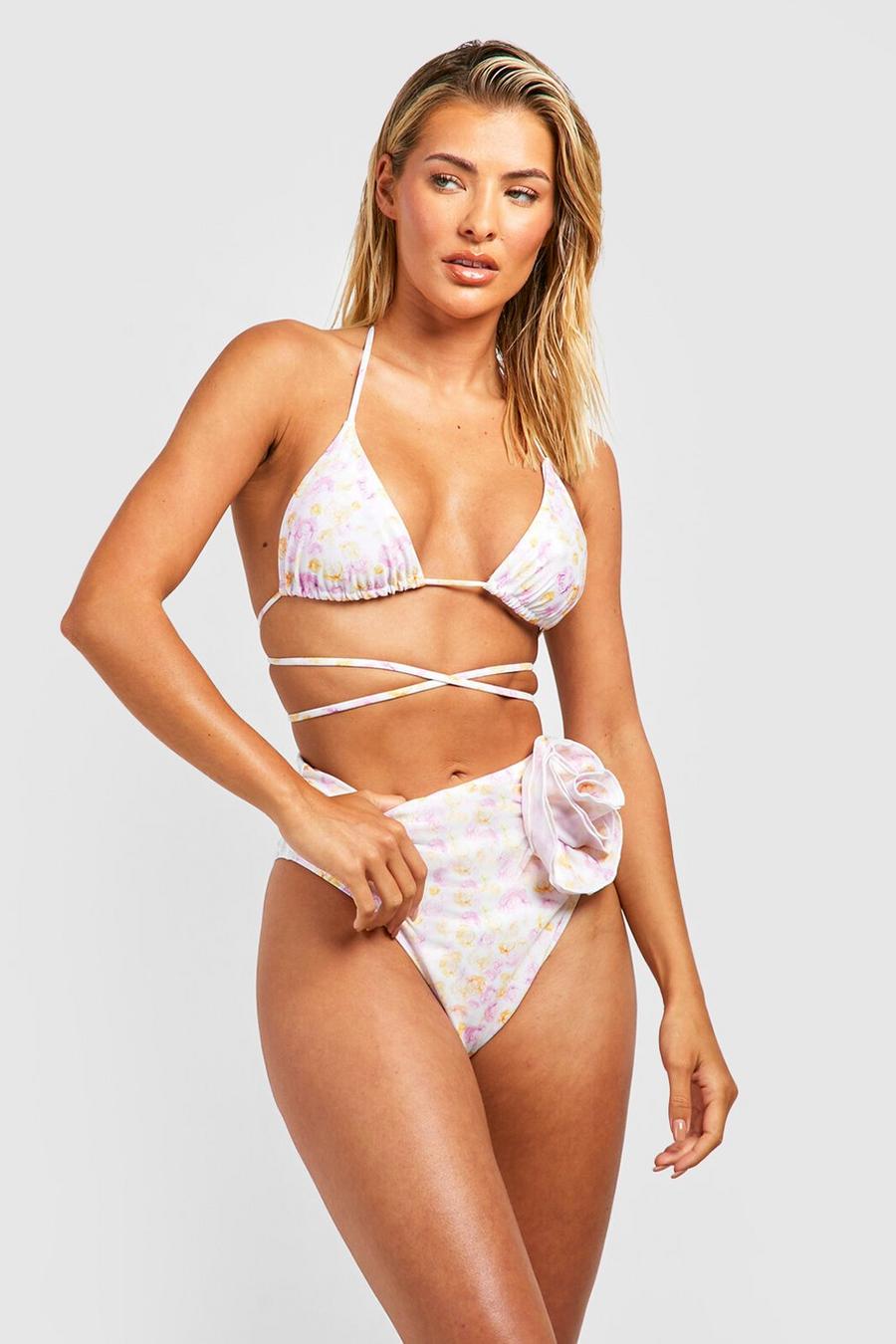 Rose pink Blommig bikini med hög midja och ros