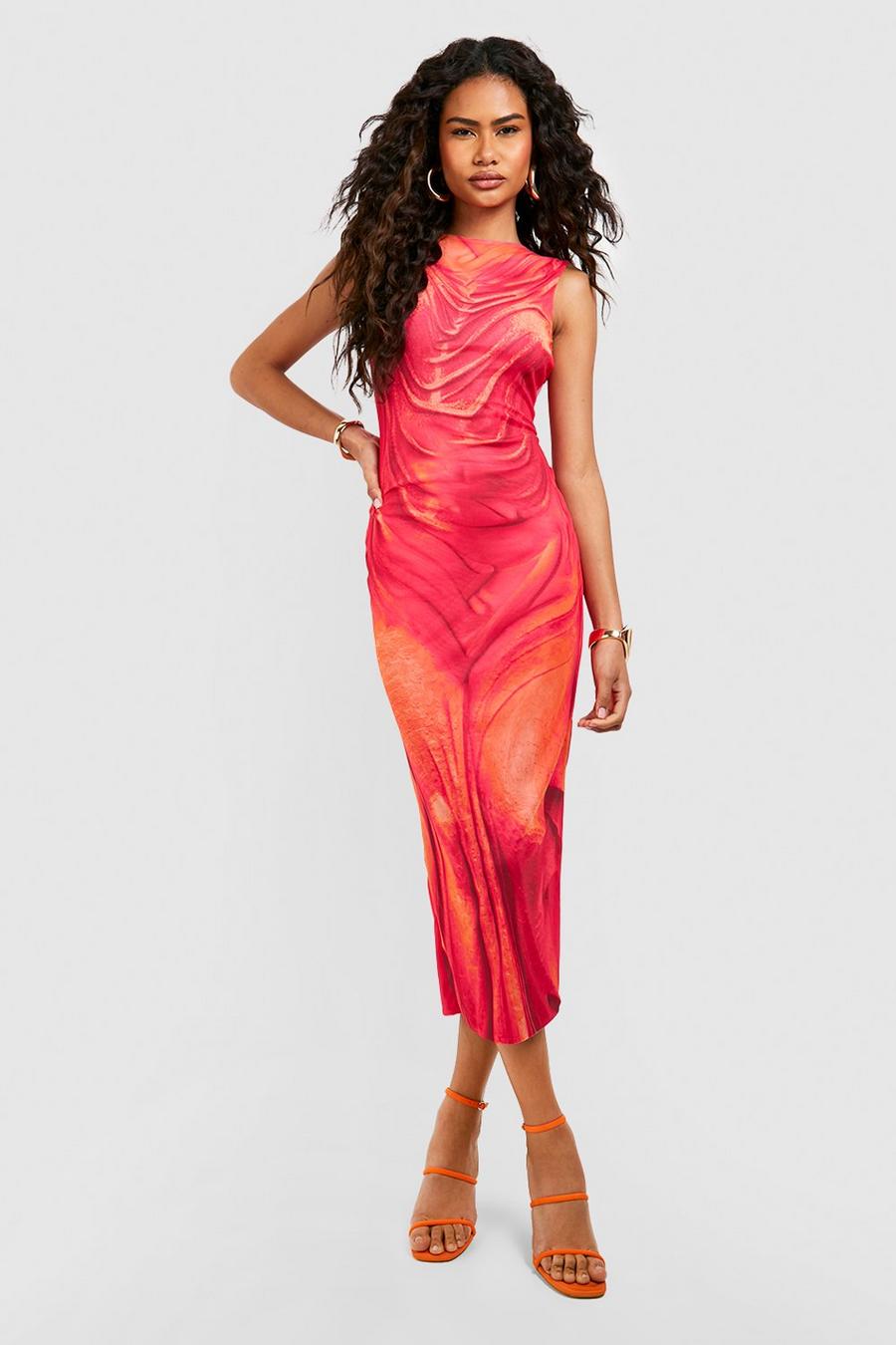 Hot pink Mesh Body Print Midaxi Dress
