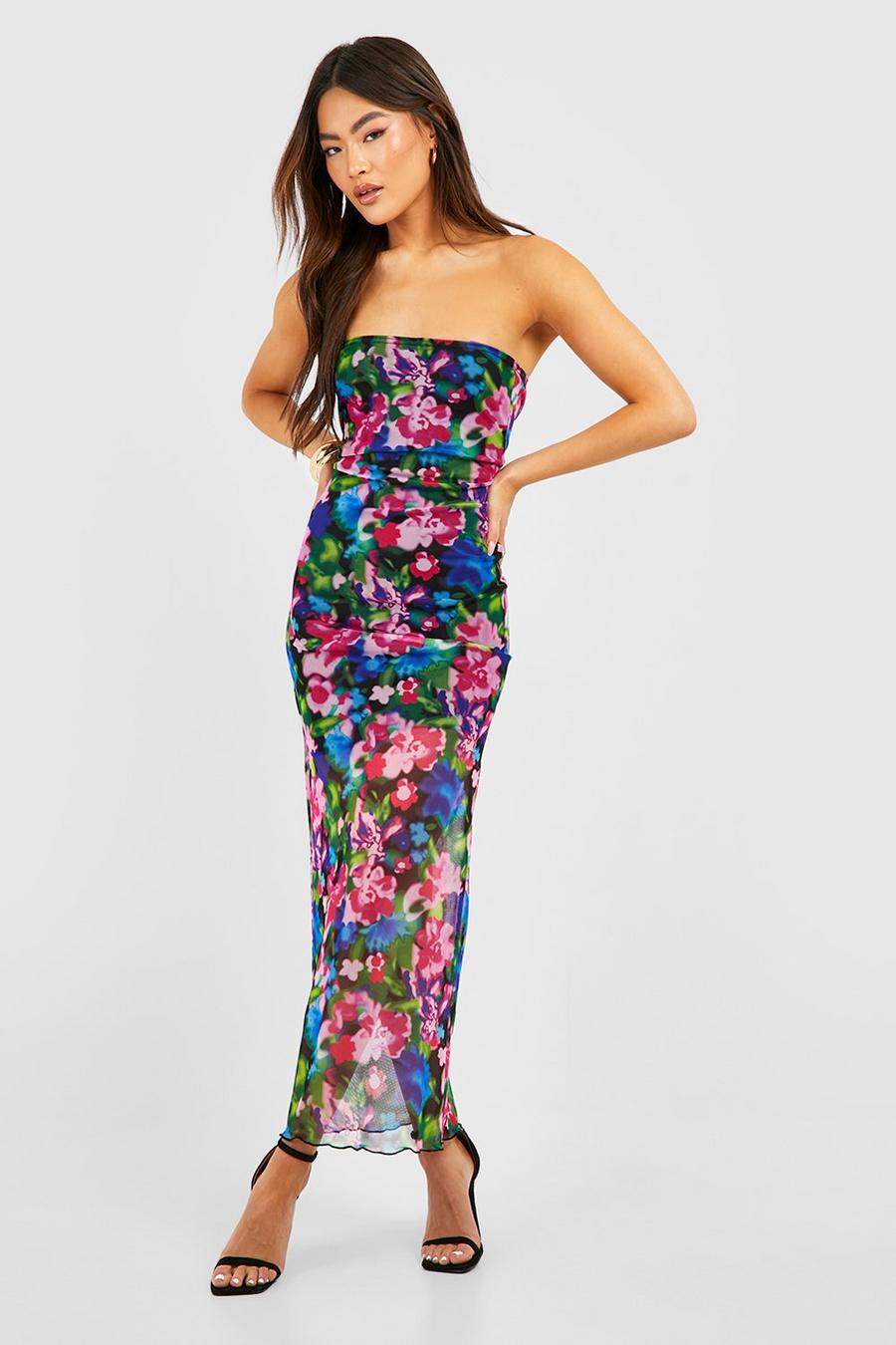 Blue Strapless Mesh Bloemen Maxi Jurk