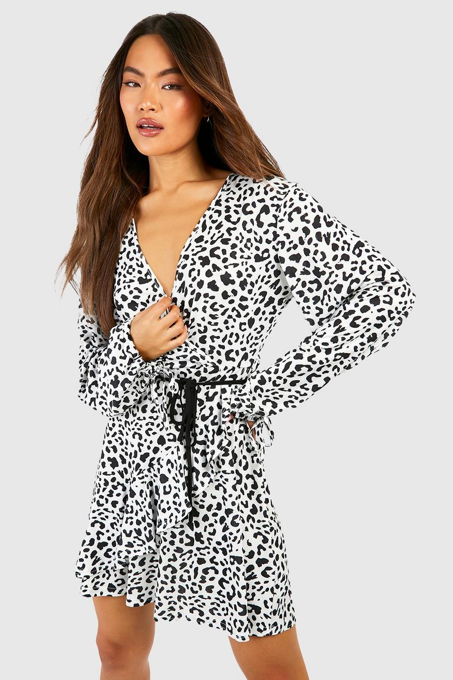 White Ruffle Front Tie Sleeve Leopard Print Tea Dress image number 1