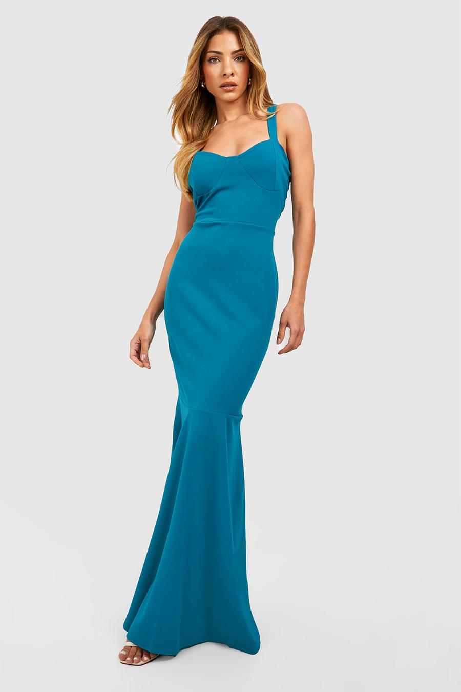 Teal Fitted Fishtail Maxi Bridesmaid Dress