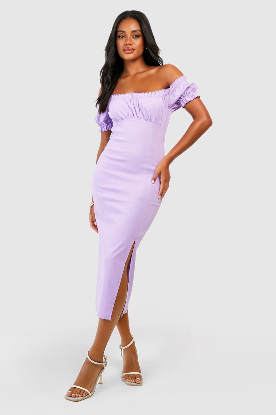 Lilac Bengaline Ruched Bust Midi Dress