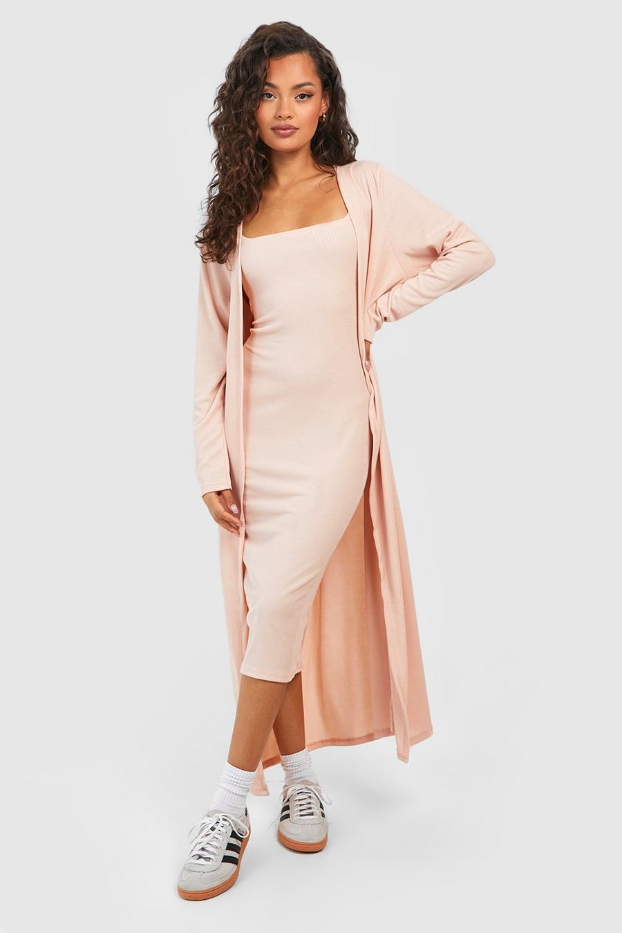 Nude Ribbed Midi Dress And Duster Set