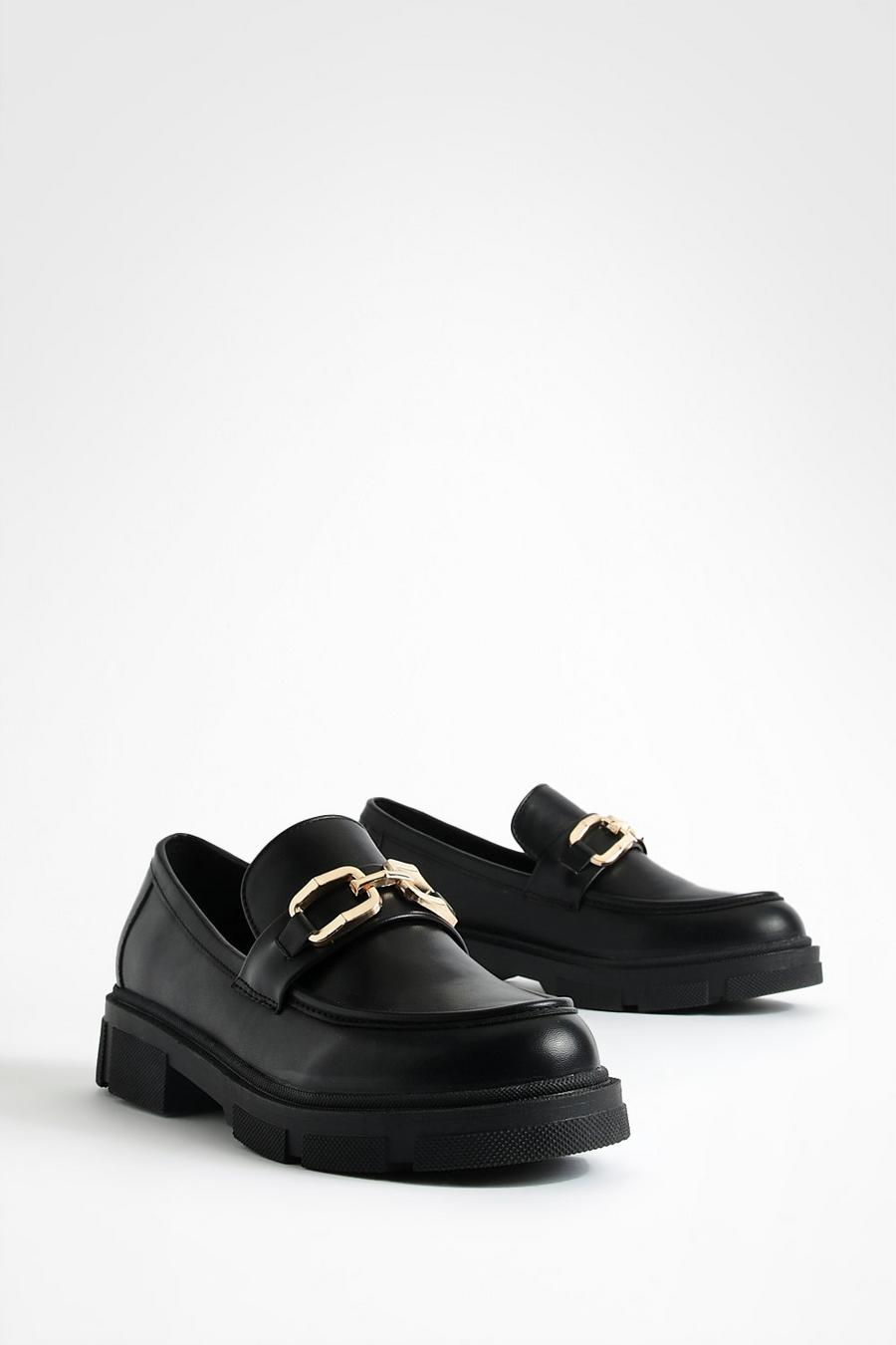 Black Chunky Sole Square Trim Loafers 