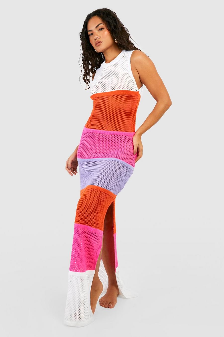 Vestido maxi para la playa de punto y croché con colores en bloque, Multi
