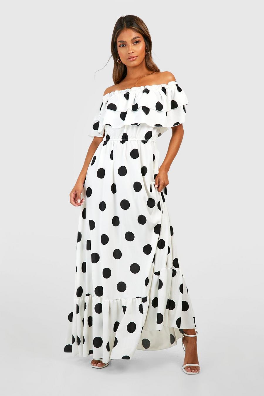 Ivory Polka Dot Off The Shoulder Maxi Dress