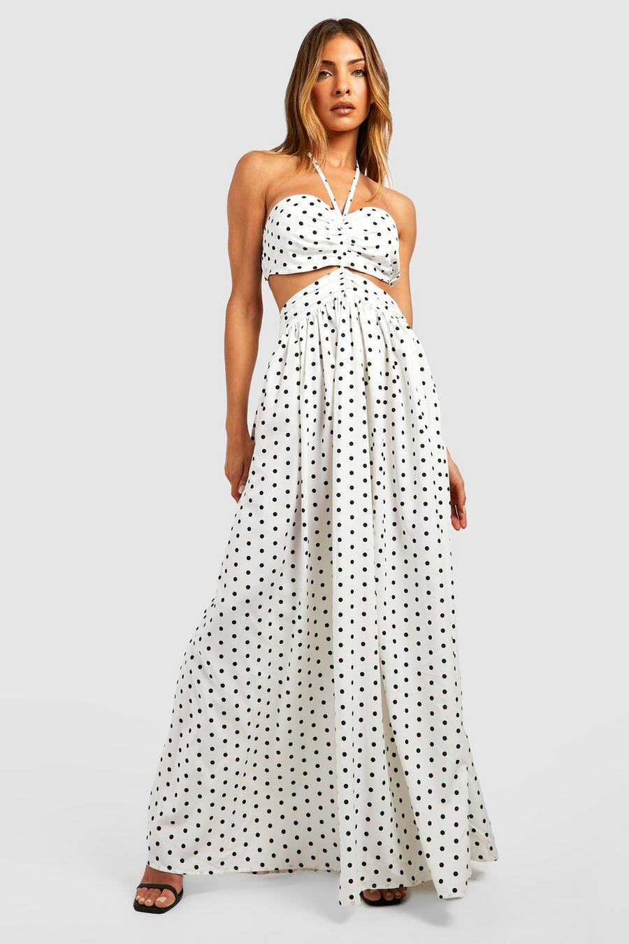White Polka Dot Halter Cut Out Maxi Dress