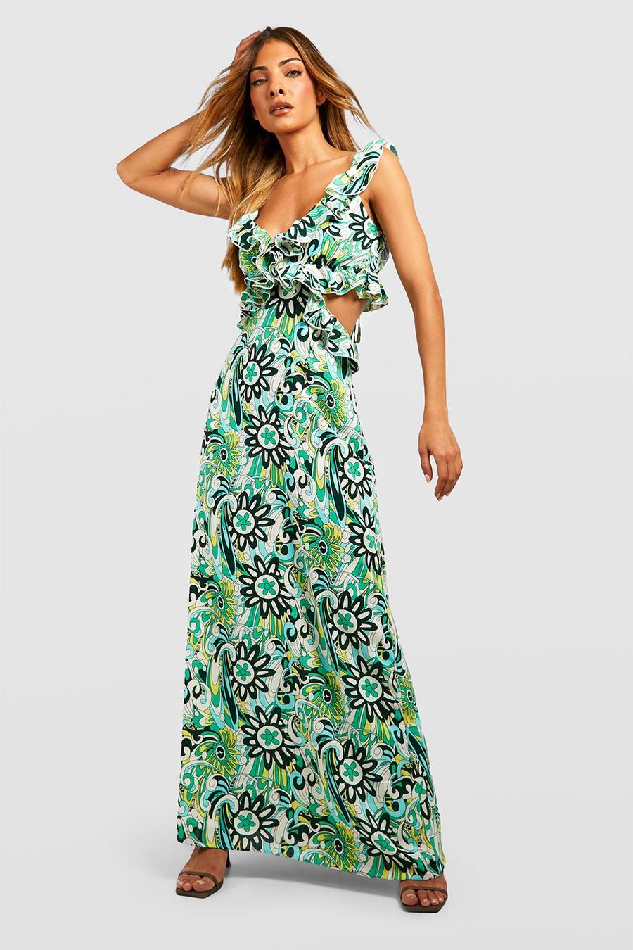 Vestito maxi in chiffon a fiori con arricciature e cut-out, Green image number 1