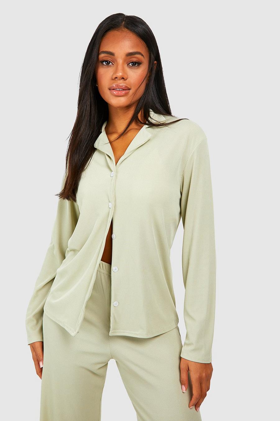 Sage Ribbed Jersey Long Sleeve Button Up Pj Top