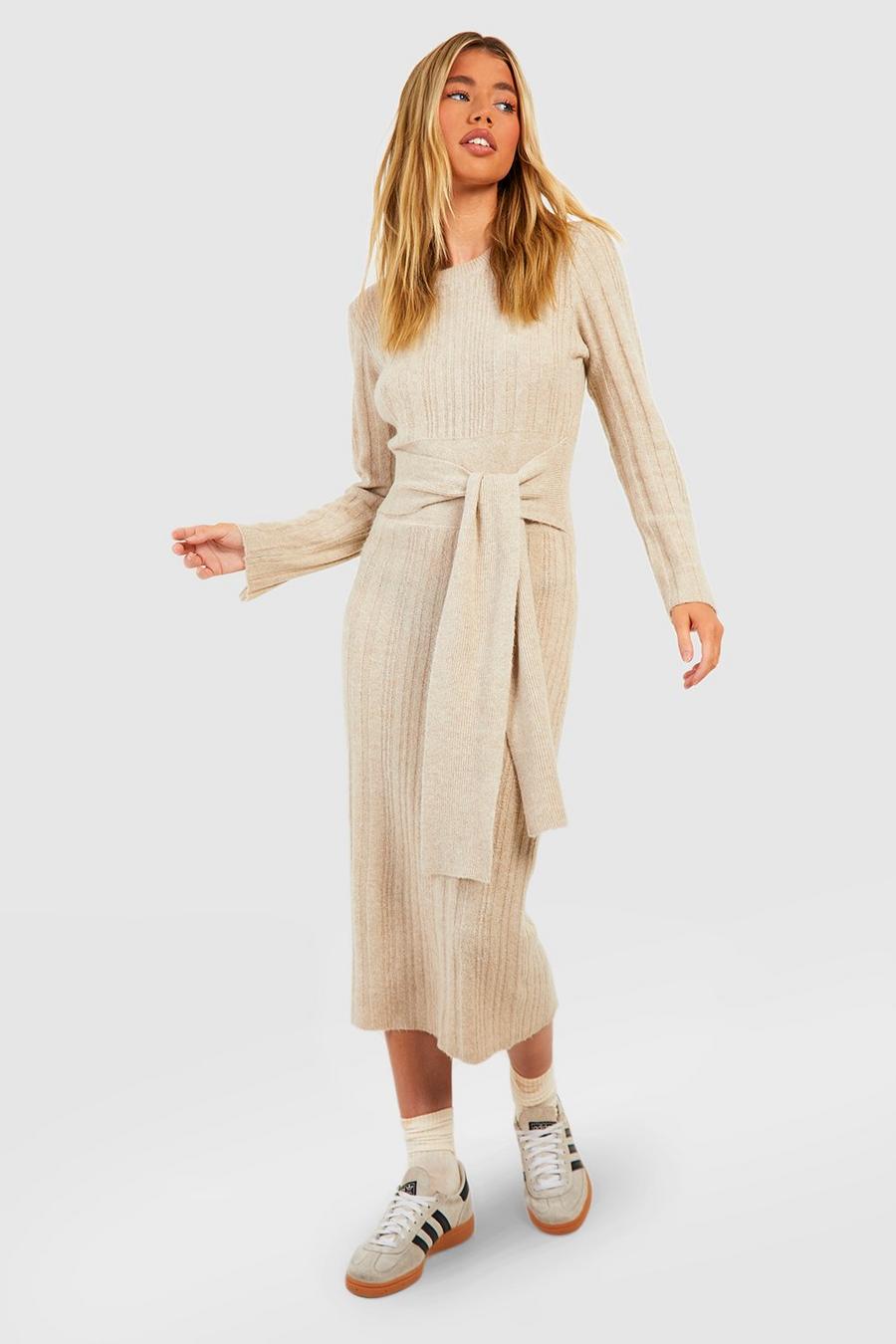 Camel Mixed Rib Soft Knit Belted Sweater Dress