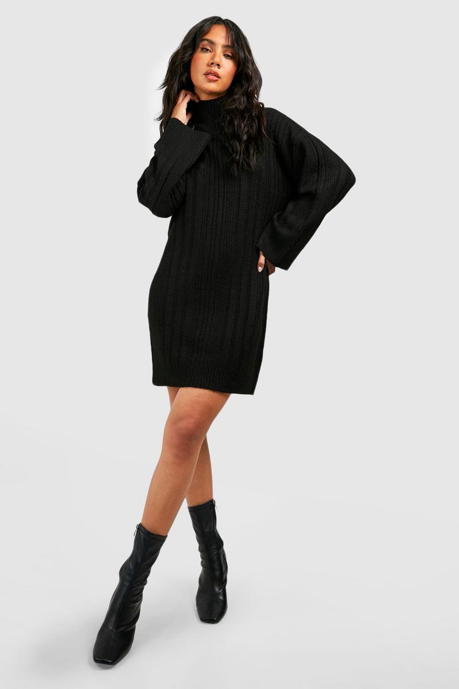 Black Soft Mixed Rib Knit Sweater Dress image number 1