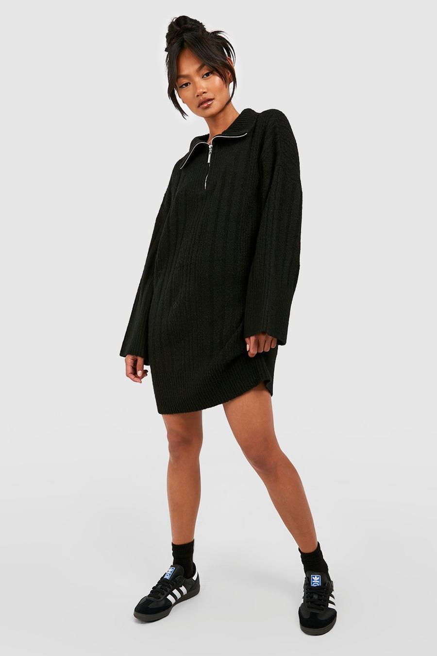 Black Half Zip Soft Mixed Rib Jumper Dress