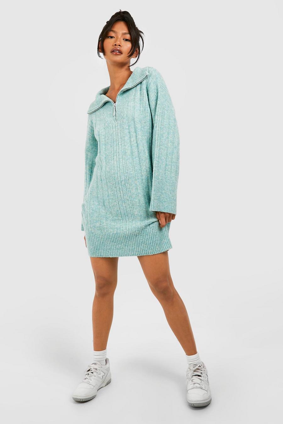 Sage Half Zip Soft Mixed Rib Sweater Dress