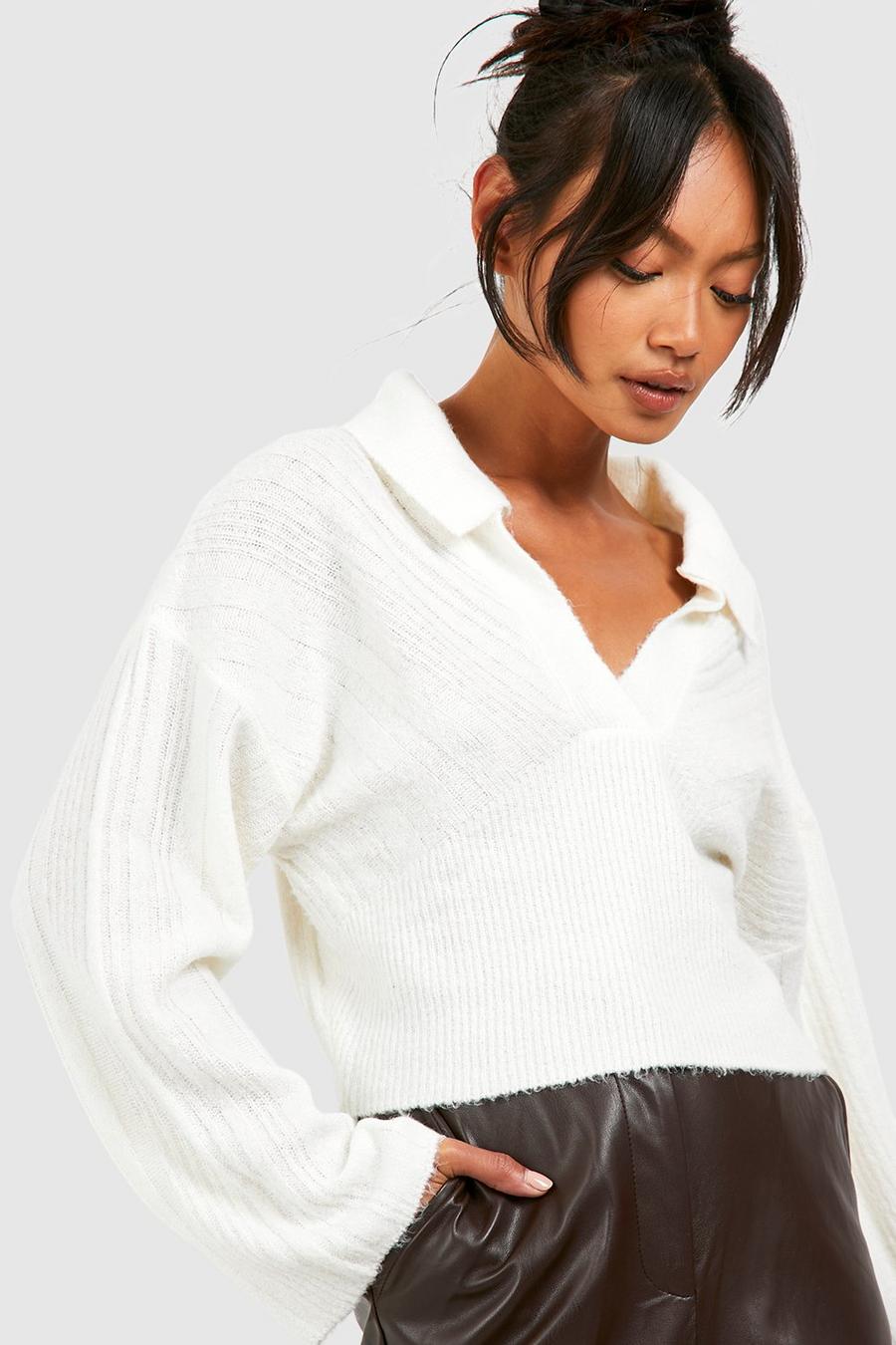 Ecru Mixed Soft Rib Knit Polo Collar Sweater