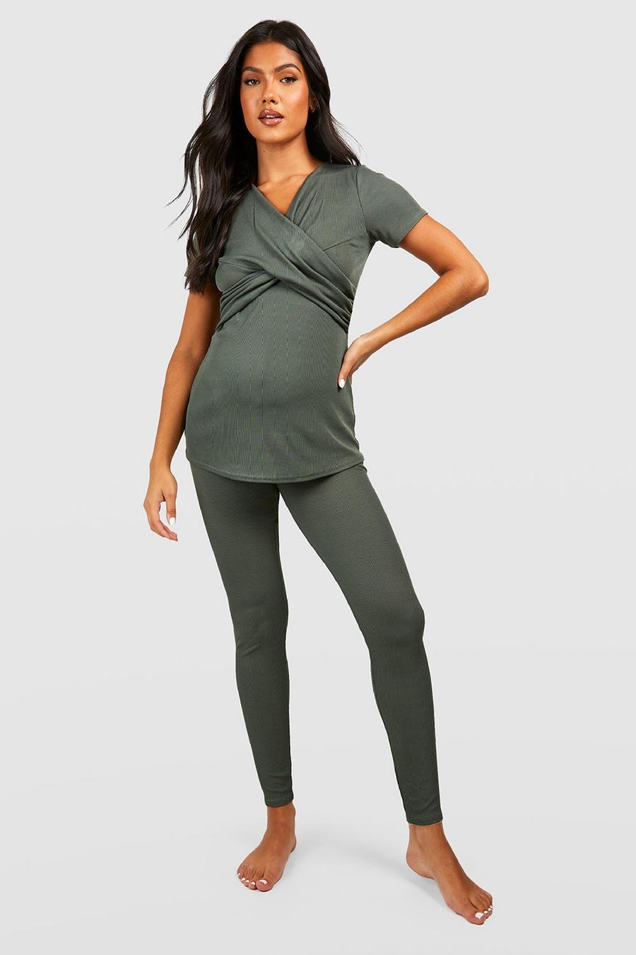 Khaki Zwangerschap Geribbelde Voedings Wikkel Pyjama Set