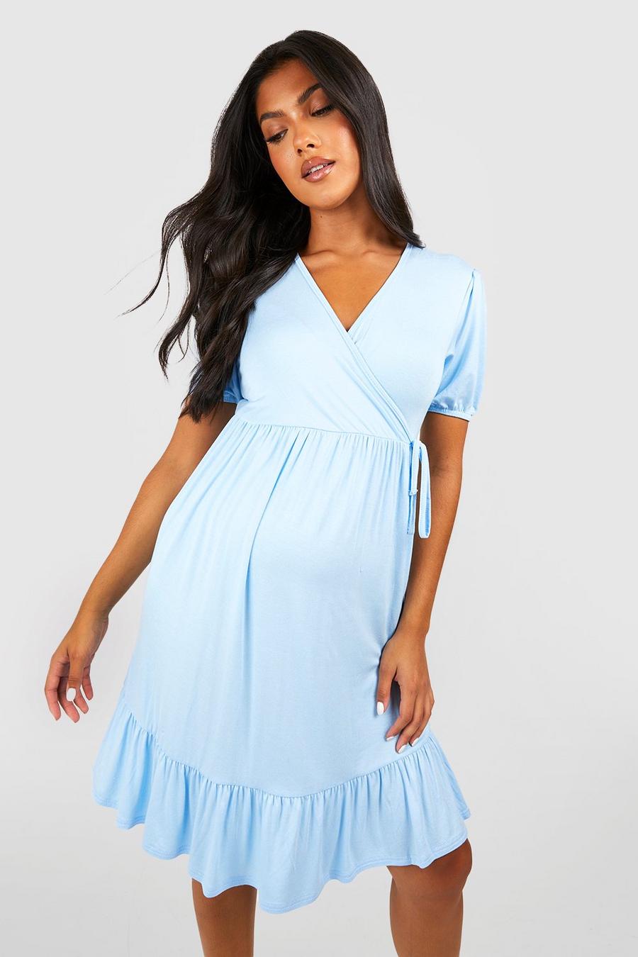 Maternité - Robe de grossesse courte portefeuille , Pale blue