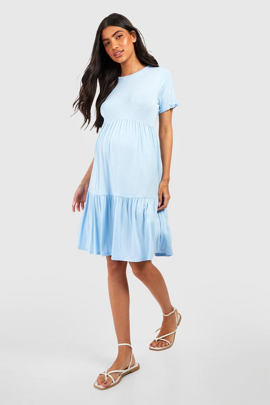 Pale blue Maternity Smock Turn Cuff Mini Dress