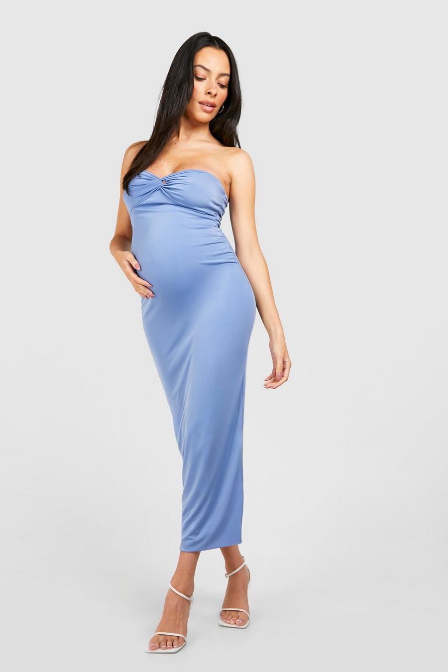 Blue Maternity Twist Front Bandeau Ruched Midi Dress