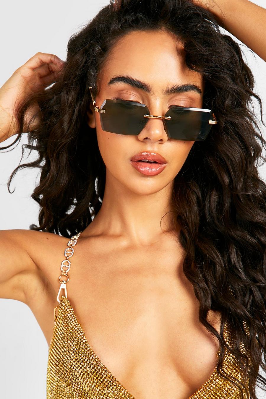 Gold Frameless Rectangle Retro Sunglasses