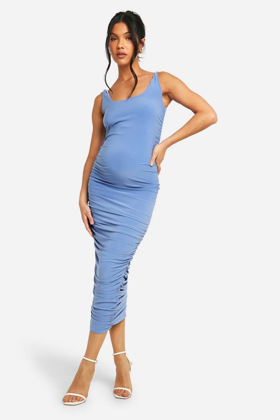 Blue Maternity Twist Strap Ruched Midi Dress