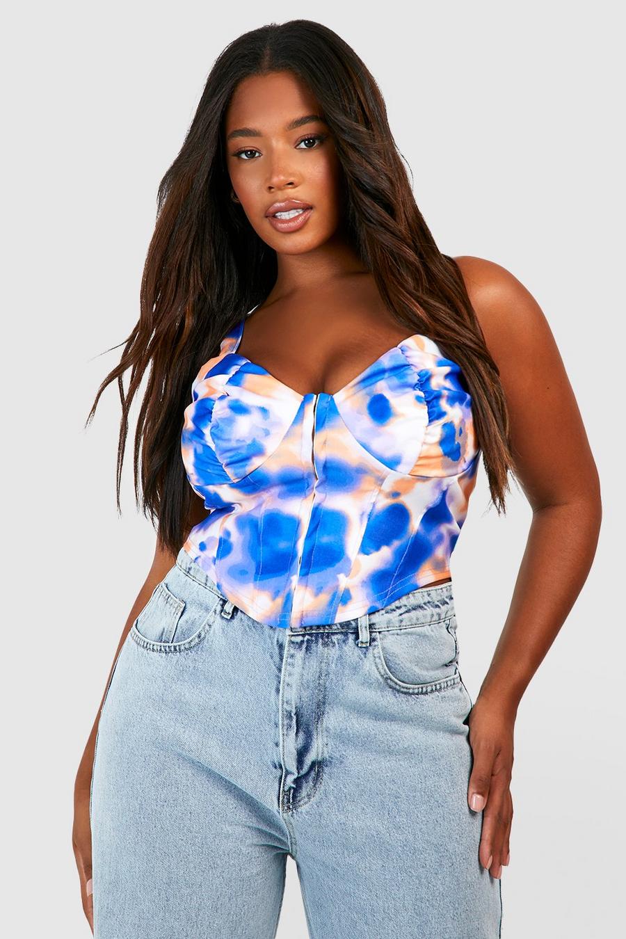 Top a corsetto Plus Size con stampa di asole e gancetti, Blue