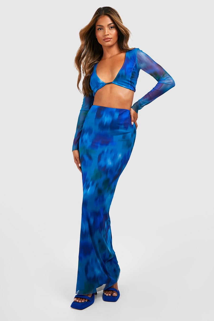 Pacific blue Blurred Floral Mesh Bralette & Maxi Skirt image number 1